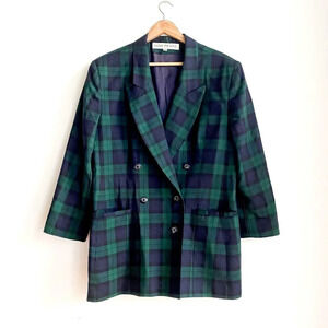 Vintage Evan Picone All Wool Black-watch Plaid Double Breasted Blazer 16